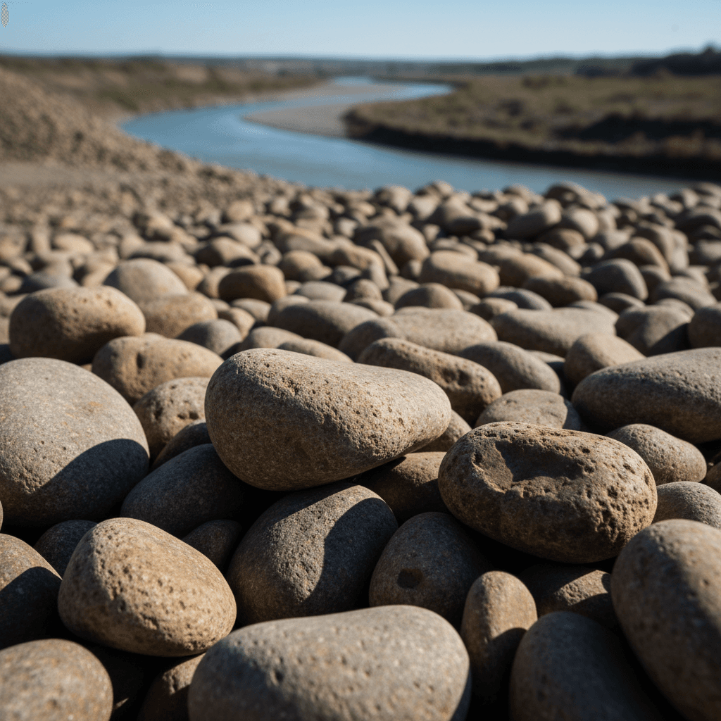 River-run aggregate particles showing natural rounded shapes and varied sizes