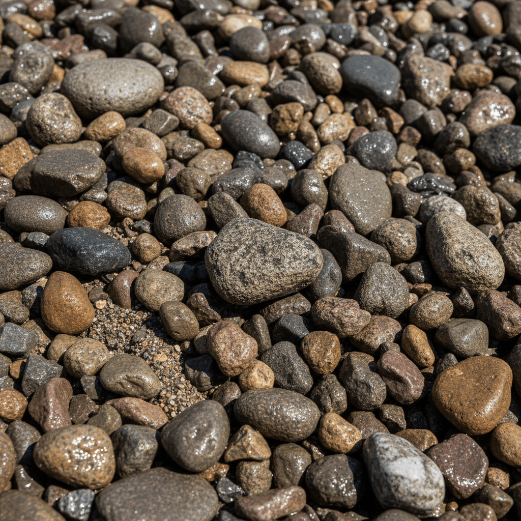 Freshly processed river-run aggregate with natural river texture