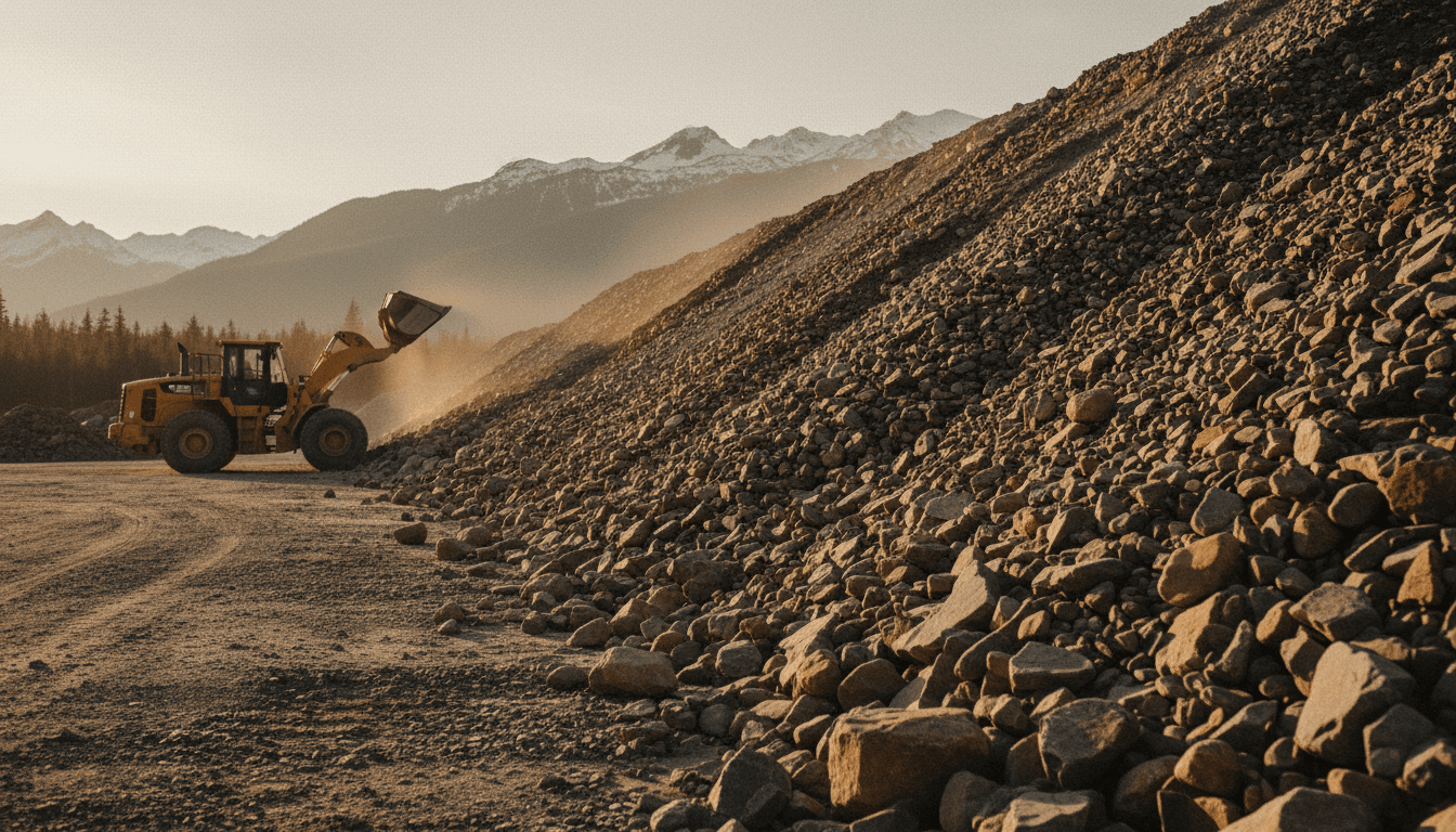River-run aggregate stockpile with mining equipment in Stewart, BC