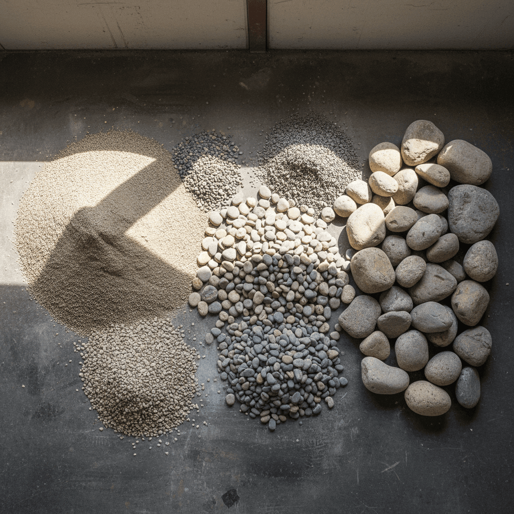 Assorted river-run aggregate sizes and grades displayed