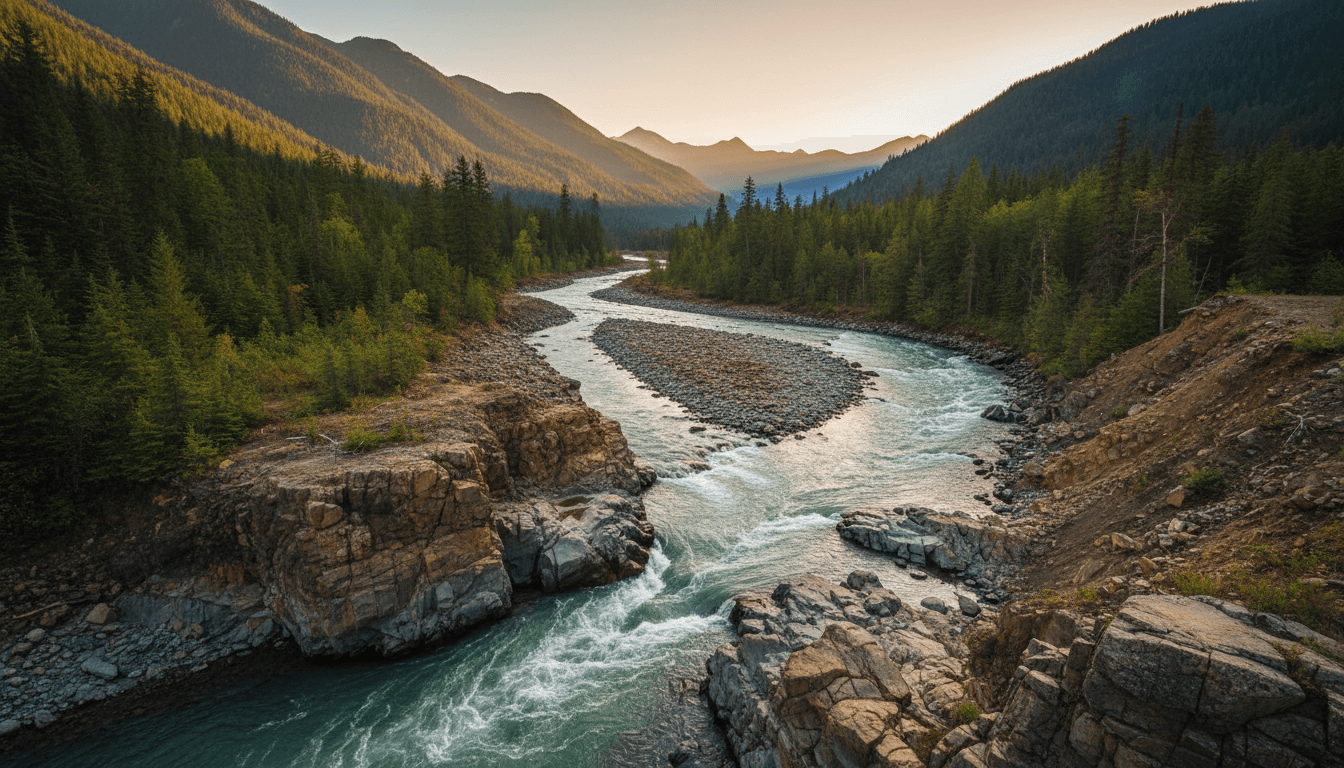 Bear River landscape in Stewart, BC showing natural river-run aggregate source
