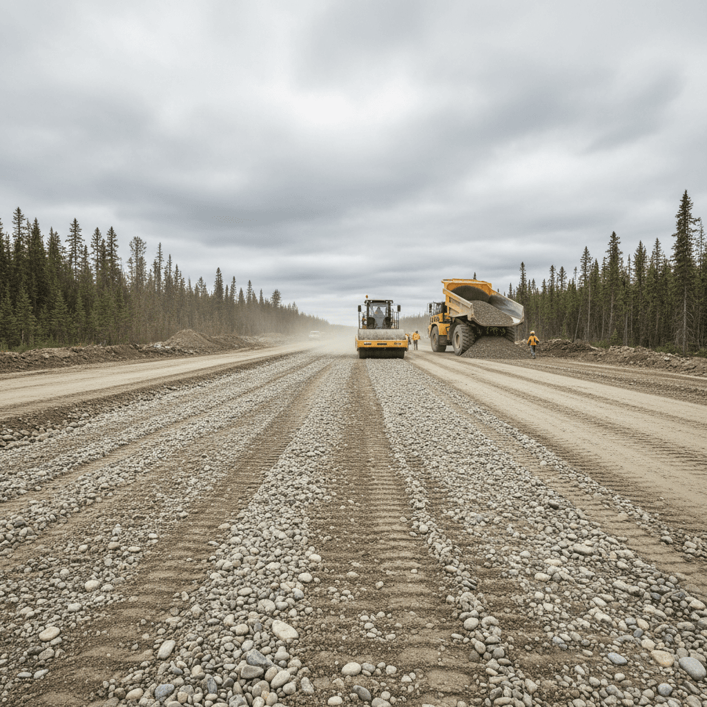 River-run aggregate in active use on construction or road project