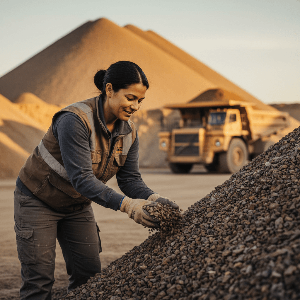 Jassie Osei-Tutu, owner of Kees River Run, inspecting aggregate quality