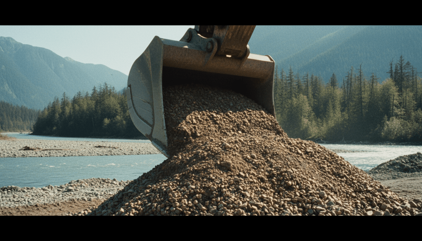 Excavator bucket loaded with river-run aggregate from Bear River